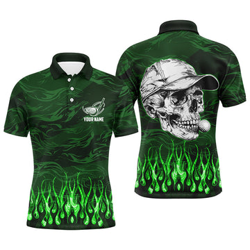 Custom Mens golf polo shirts custom green camo flame golf skull team golf attire for mens, golfing gifts