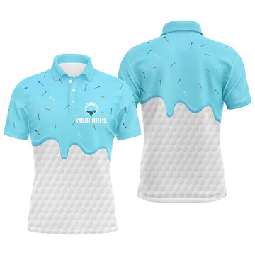 FUNSTUFFPRINT Mens golf polo shirts custom Blue Ice Cream Melting On Golf Ball, golf gifts for mens Polo Shirt Size S-5XL