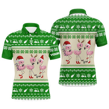 FUNSTUFFPRINT Funny ugly Christmas golf shirts custom green Mens golf polo shirt Flamingo golf friend Christmas Polo Shirt Size S-5XL