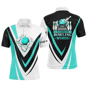 FUNSTUFFPRINT Custom bowling polo shirts for men I'm not swearing, I'm using my bowling words Cyan blue bowl Polo Shirt Size S-5XL