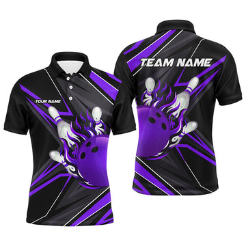 FUNSTUFFPRINT Black Purple Men Bowling Polo, custom Bowling Ball Pins flame bowling jersey for Bowler Polo Shirt Size S-5XL