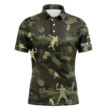 FUNSTUFFPRINT Green camo disc golf Men polo shirts custom name disc golf polo shirts for men, disc golfing gifts Polo Shirt Size S-5XL