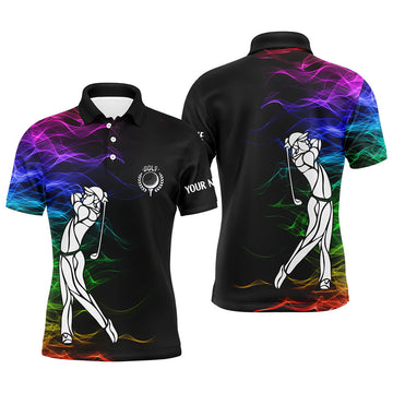 Personalized colorful rainbow smoke pattern black Mens golf polo shirts custom golf tops for mens