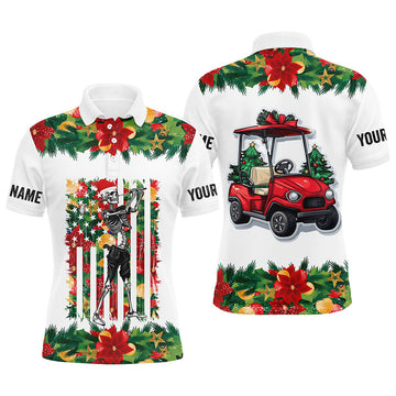 FUNSTUFFPRINT Christmas Skull golf cart American Flag custom Men golf polo shirts, unique Christmas golf Polo Shirt Size S-5XL