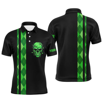 Personalized green argyle plaid skull Mens golf polo shirts, custom black golf apparel for mens