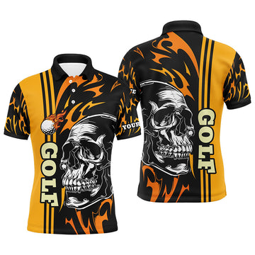 Personalized Mens golf polo shirts custom black and yellow skull golf top for mens, golfing gifts