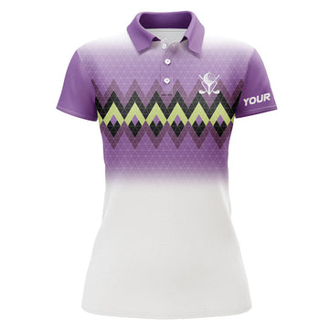 Custom Purple Graphic Stripe Argyle Pattern Custom Womens Golf Polo Shirts, Personalized Ladies Golf Tops