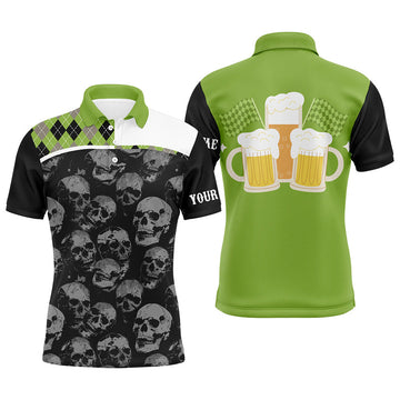 Custom Black Skull argyle plaid pattern Mens golf polo shirts custom team beer golf top for men | Green