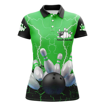 Custom Green Lightning Women Bowling Polo Shirts, Custom Team League Bowling Shirts Female Bowling Uniform