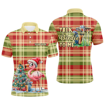 FUNSTUFFPRINT Mens golf polo shirts custom funny Flamingo plaid pattern Christmas golf shirts talk birdie to me Polo Shirt Size S-5XL