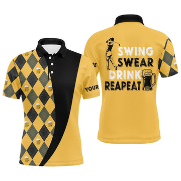 Custom Beer Golf Men Polo Shirt - Argyle Pattern Custom Name Apparel - Personalized Gift For Golf Lover, Team, Male Players - Swing Swear Drink Repeat