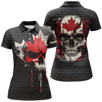 Custom Canadian Flag Skull Womens Golf Polo Shirt Custom Black Golf Ball Skin Golf Attire For Women