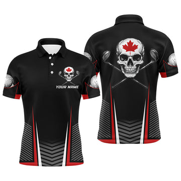 Custom Black and Red Canadian Flag Golf Clubs Skull Men golf polo shirts Custom Patriotic Golf Team Jerseys