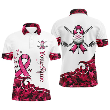 Custom White And Pink Camo Ribbons Mens Golf Polo Shirts Custom Cancer Golf Shirts For Men, Golf Gifts