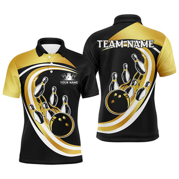 FUNSTUFFPRINT Black and Gold Bowling Polo Shirt Size S-5XL
