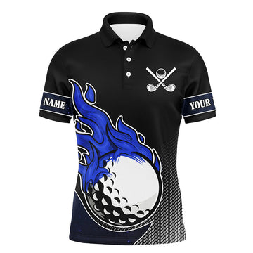 FUNSTUFFPRINT Black and Blue Flame Golf Ball Fire Mens Golf Polo Shirts custom golf outfit mens best team golf shirt , Polo Shirt Size S-5XL