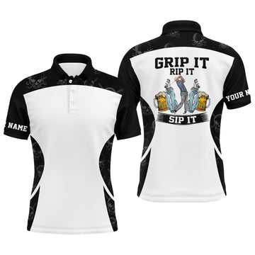FUNSTUFFPRINT Funny Men golf polo upf shirts Grip it rip it sip it custom name golf skull pattern Polo Shirt Size S-5XL
