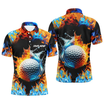 FUNSTUFFPRINT Mens golf polo shirts custom water fire golf ball golf tops, golf attire for mens Polo Shirt Size S-5XL