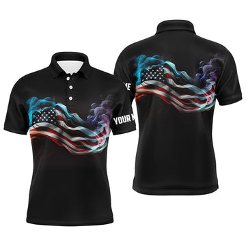 FUNSTUFFPRINT Mens golf polo shirts custom smoke American flag patriotic black golf tops for mens Polo Shirt Size S-5XL