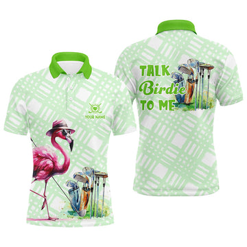 FUNSTUFFPRINT Mens golf polo shirts custom green flamingo pattern golf shirts talk birdie to me Polo Shirt Size S-5XL