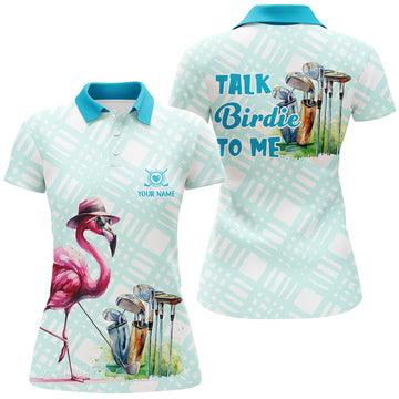 Custom Womens Golf Polo Shirts Custom Pink Flamingo Blue Pattern Golf Shirts Talk Birdie To Me