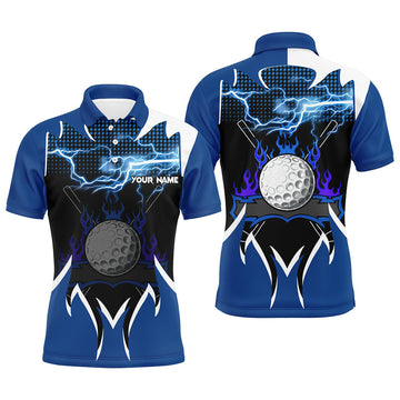 Custom Mens golf polo shirts custom blue lightning thunder flame golf ball team jerseys, golf attire for men