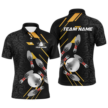 FUNSTUFFPRINT Silver Bowling Ball pins Team bowling shirts for Men custom bowling Polo Shirt Size S-5XL
