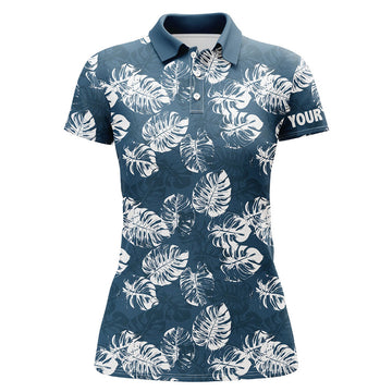 Custom Womens Golf Polo Shirts Custom Blue Tropical Monstera Leaves Pattern Team Ladies Golf Tops