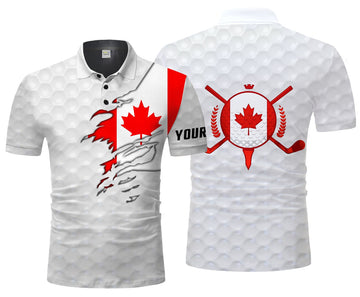 Custom Golf Custom Name Men Polo Shirt - Canadian Flag Patriotic Golf Clubs Golf Ball Apparel - Personalized Gift For Golf Lover, Team, Golfer, Men