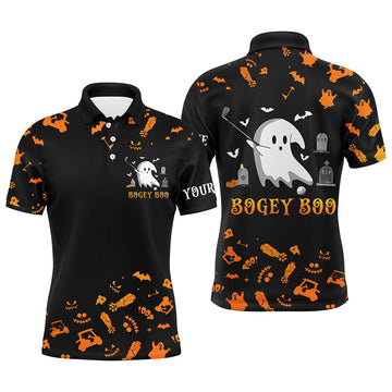 FUNSTUFFPRINT Funny black orange Halloween background mens golf polo shirts custom Bogey Boo mens golf tops Polo Shirt Size S-5XL