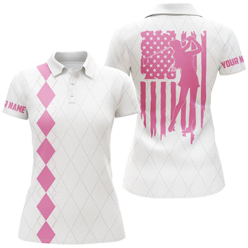 Custom Womens Golf Polo Shirt Pink American Flag Patriotic Golf Shirts Custom Name Golf Gifts