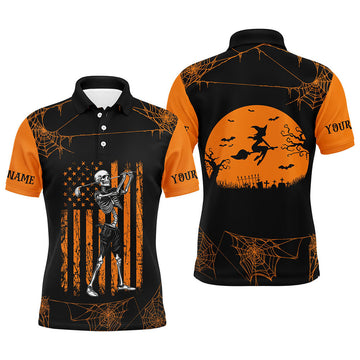 Custom Black and Orange American Flag Halloween golf skull custom Men golf polo shirts, Halloween golf polo
