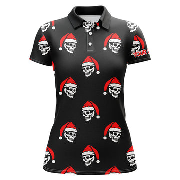 Custom Black Womens Golf Polo Shirt Custom Skull Santa Christmas Pattern Golf Shirt For Women, Golf Gifts
