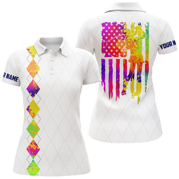 Custom Womens Golf Polo Shirt Watercolor American Flag Patriotic Golf Shirts Custom Name Golf Gifts
