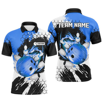 FUNSTUFFPRINT Blue Flame bowling ball and pins jerseys Custom Team League Bowling Polo Shirts For Men Polo Shirt Size S-5XL