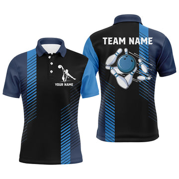 Custom Black And Blue Bowling Shirt For Men Custom Men Bowling Polo Shirts, Team Bowling Jerseys