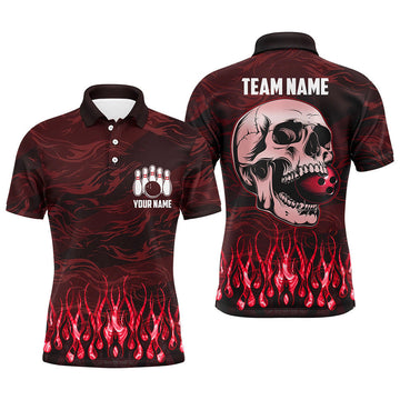 FUNSTUFFPRINT Bowling polo, for men Custom Red camo Flame Skull Bowling Team League Polo Shirt Size S-5XL