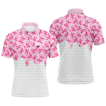 FUNSTUFFPRINT Mens Golf Polo Shirts Custom Pink Ribbons Pattern Cancer Awareness Golf Shirt , Polo Shirt Size S-5XL