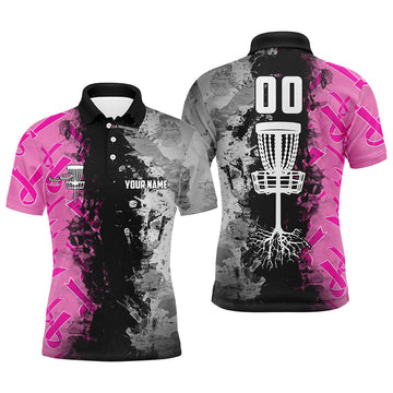 FUNSTUFFPRINT Custom Name, Number Disc Golf Basket Men's Polo Shirts, Pink Ribbons Cancer Awarness Shirt Size S-5Xl