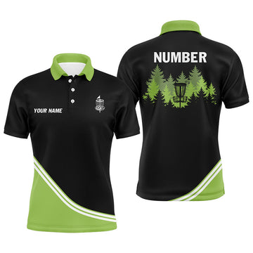 FUNSTUFFPRINT Black and Green disc golf basket in the forest custom Men disc golf, Polo Shirt Size S-5XL