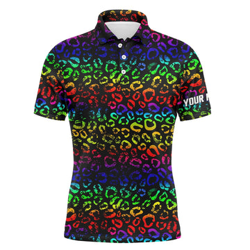 Custom Golf Men Polo Shirt - Custom Name Colorful Neon Rainbow Leopard Pattern Apparel - Personalized Gift For Golf Lover, Team, Husband, Boyfriend, Men