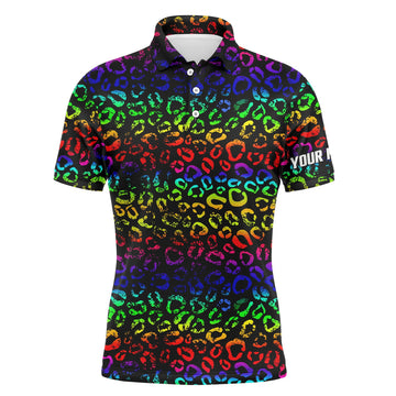 FUNSTUFFPRINT Colorful neon Rainbow leopard mens golf polo shirts, team golf shirt gift for golf lovers Polo Shirt Size S-5XL