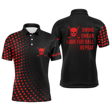 Custom Funny Men golf polo shirts custom swing swear look for ball repeat dot pattern skull golf shirt | Red