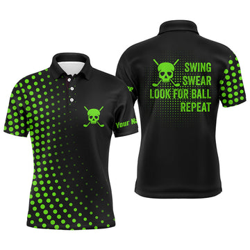 Custom Funny Men golf polo shirt custom swing swear look for ball repeat dot pattern skull golf shirt | Green