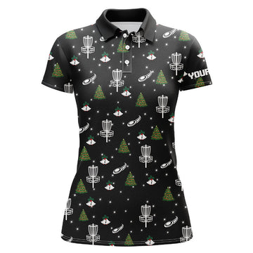 Custom Womens Golf Polo Shirt Custom Black Christmas Pattern Disc Golf Shirt For Women, Frisbee Golf Jerseys