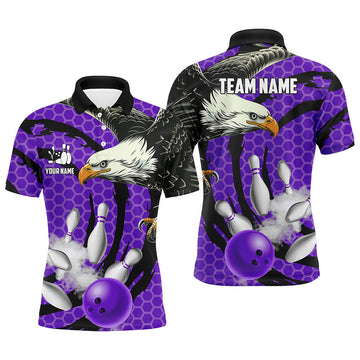 Custom Eagle Bowling Ball And Pins Purple Camo Custom Men Bowling Polo Shirts, Team Mens Bowling Jersey