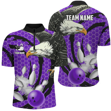 Custom Bowling And Pins Eagle Camo Customized Name, Team Name 3D Zipper Polo Shirt For Men