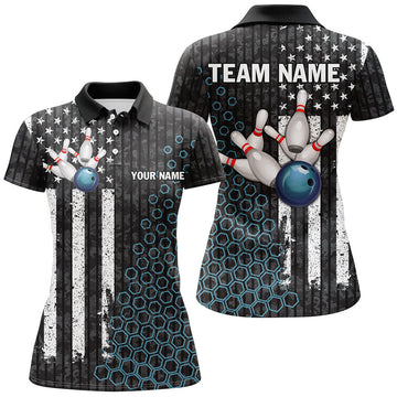 Custom Black White American Flag Women Bowling Polo Custom Camo Bowling Team Jersey