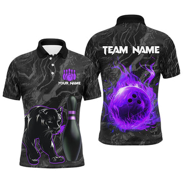 FUNSTUFFPRINT Black Camo Panther Purple Flame Bowling Polo Shirt Size S-5XL