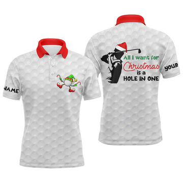 Custom Funny Christmas White Golf Balls Pattern Custom Name Men Polo Shirt - Personalized Gift For Golf Lover - All I Want For Christmas Is A Hole In One